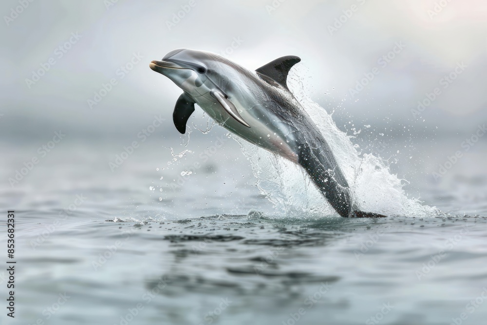 A dolphin leaps out of the water, its body arched and its tail flapping A dolphin leaps out of the water, its body arched and its tail flapping