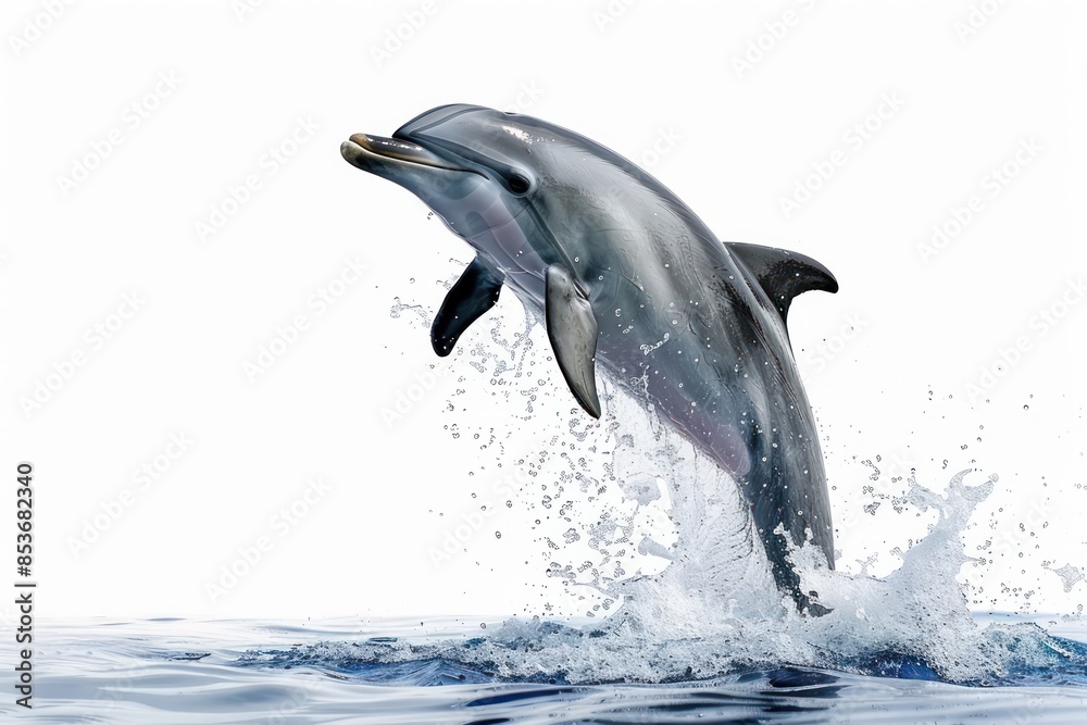 Obraz premium A dolphin leaps out of the water, its tail flapping in the air