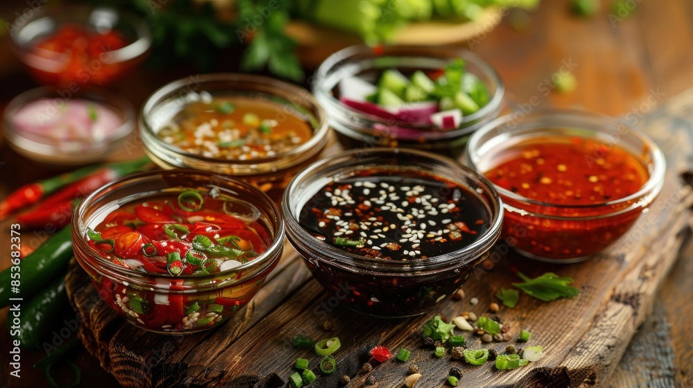 Assorted Asian Sauces and Condiments in Glass Bowls on Rustic Wooden Table with Fresh Ingredients Assorted Asian Sauces and Condiments in Glass Bowls on Rustic Wooden Table with Fresh Ingredients