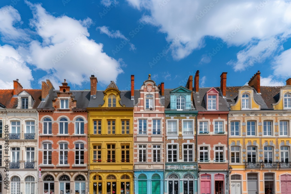 A row of colorful buildings with a blue sky in the background