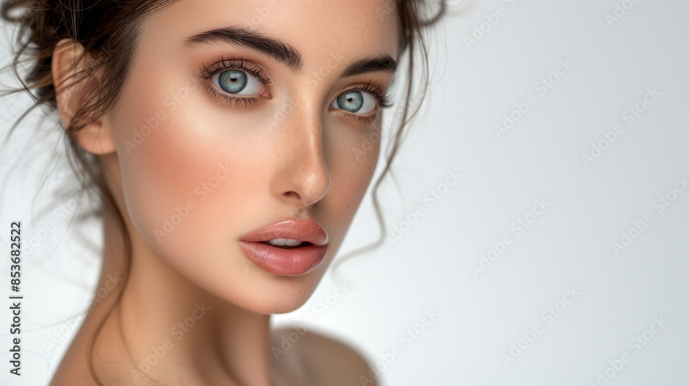 A close-up portrait of a young woman with flawless skin, blue eyes, and natural makeup against a white background A close-up portrait of a young woman with flawless skin, blue eyes, and natural makeup against a white background