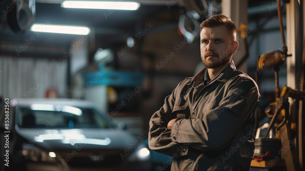 A serious male mechanic in a workshop, wearing a grey jumpsuit, standing with arms crossed in front of a car. A serious male mechanic in a workshop, wearing a grey jumpsuit, standing with arms crossed in front of a car.