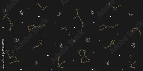 Golden outline constellations and gray planet symbols on a black background with small stars. Astronomic endless texture. Vector seamless pattern for wrapping paper, giftwrap, surface texture or print