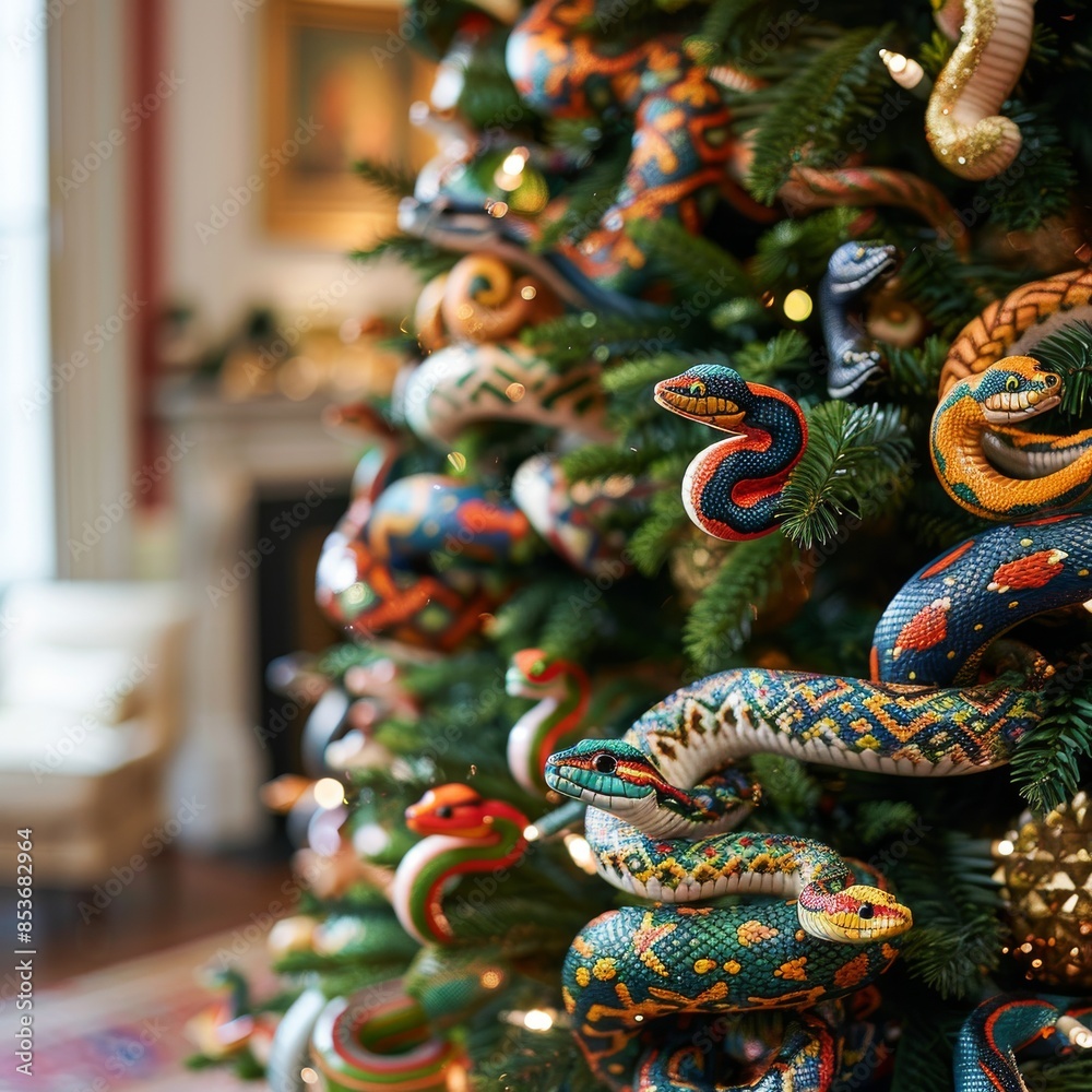 Fototapeta premium Christmas tree decorated with toy snakes. New Year is the year of the snake. Idea for Christmas tree decoration. New Year card or banner.