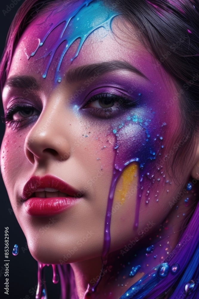 A woman with colorful makeup and a painted face A woman with colorful makeup and a painted face
