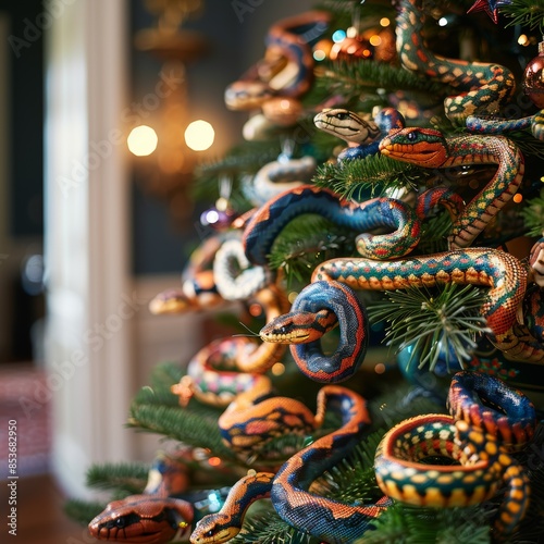 Christmas tree decorated with toy snakes. New Year is the year of the snake. Idea for Christmas tree decoration. New Year card or banner. © Margarita