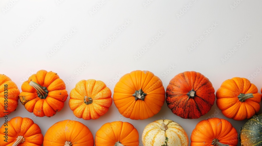 Orange pumpkins of different sizes on a white background. Autumn card or banner. Place for text. Orange pumpkins of different sizes on a white background. Autumn card or banner. Place for text.