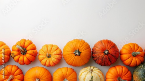 Orange pumpkins of different sizes on a white background. Autumn card or banner. Place for text.