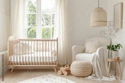 A nursery room with a crib, a rocking chair, a vase, and a potted plant