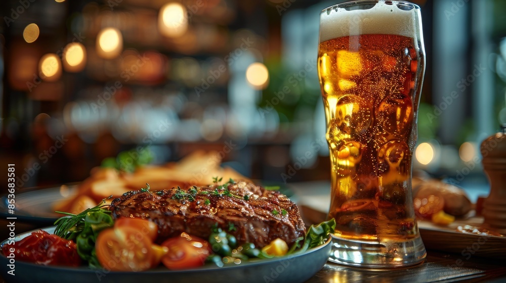 Cold beer served with steak. The background is blurred to highlight the meal, revealing the lively atmosphere of the restaurant. Golden crispy chicken paired with an ice-cold beer Cold beer served with steak. The background is blurred to highlight the meal, revealing the lively atmosphere of the restaurant. Golden crispy chicken paired with an ice-cold beer