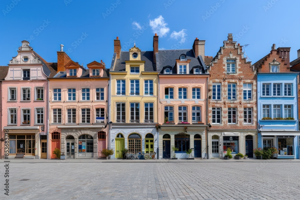 A row of colorful buildings with a cobblestone street in front A row of colorful buildings with a cobblestone street in front