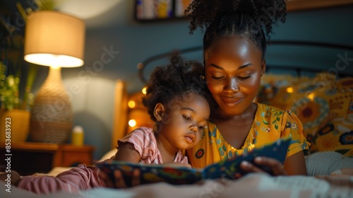 A Mother Reading To Her Daughter In Bed At Night, High Quality, HD