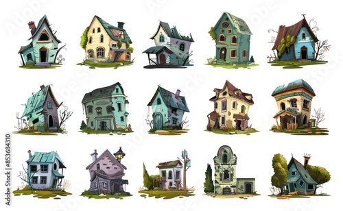 Cartoon Abandoned Houses Icons Set. Simple Vector Style White Background Deserted Buildings Ruined Homes Derelict Structures Vacant Property Illustrations Neglected Architecture