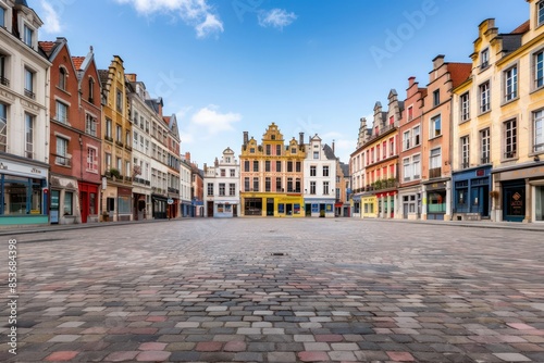 A large empty plaza with a cobblestone walkway and a row of buildings photo