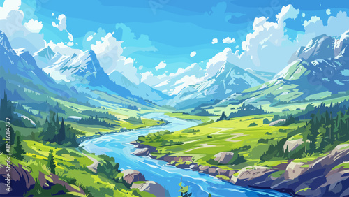 Cartoon Aerial view of flowing river with stunning highland landscape background. Serene Waterway Majestic Mountains Scenic Highlands Lush Greenery Winding River Picturesque Nature