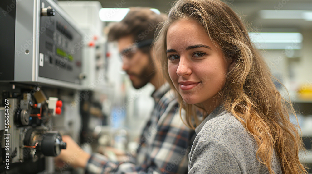 Fototapeta premium A young woman with long blonde hair looks directly at the camera, her face conveying focus and determination, while a man works on machinery in the background