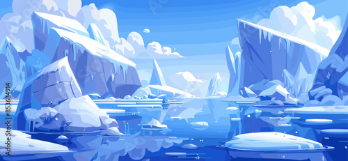 Cartoon Arctic seascape with floating icebergs and glaciers background. Frozen Landscape Polar Region Icy Waters Ice Floes Majestic Glaciers Cold Climate Winter Scene Breathtaking