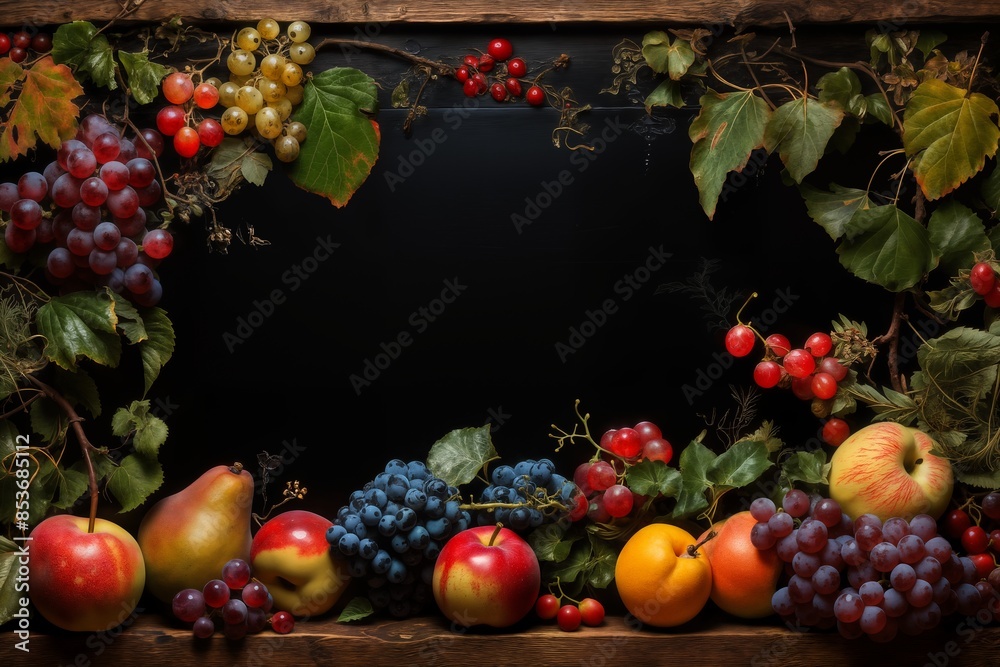still life with bunches of grapes, berries and fresh and juicy fruits against a dark old wooden background, rural vintage style, the concept of fresh and healthy food