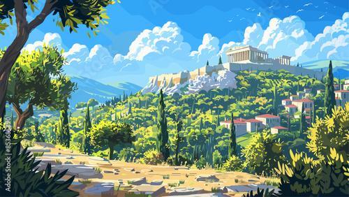 Cartoon beautiful view of the Acropolis. Olive trees and cypresses grow underneath. In the background are slopes with lush greenery and a blue sky with puffy clouds. Ancient Greece