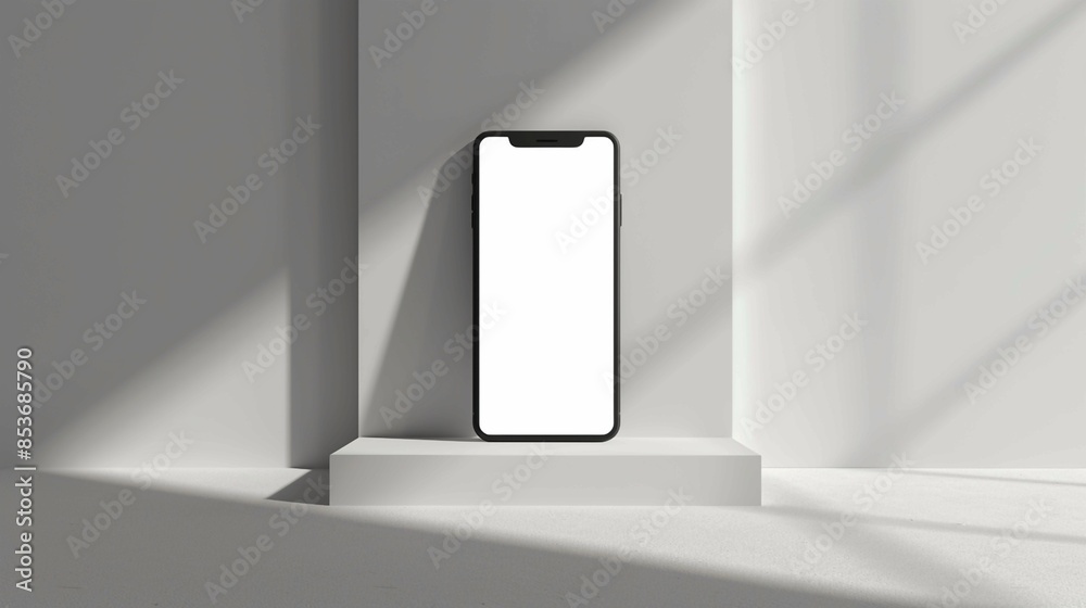 A smartphone with blank screen in front of a white wall. Generative AI A smartphone with blank screen in front of a white wall. Generative AI