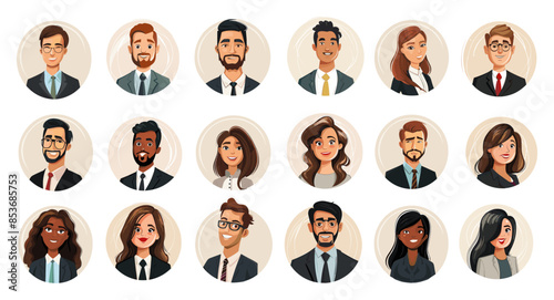Cartoon Business People Avatars in Circles Set. Simple Style White Background Corporate Professionals Team Members Office Workers Characters Portraits Illustrations Avatar Icons