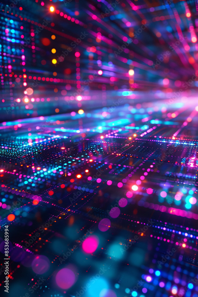 Fototapeta premium circuit board illuminated with neon pink and orange lights showcasing a detailed and futuristic electronic design