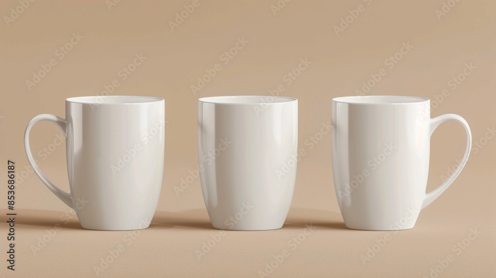 Three white coffee mugs on brown background. Generative AI