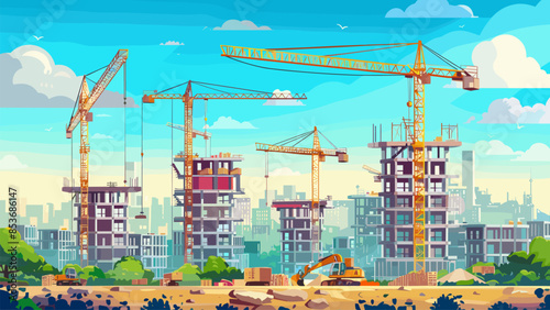 Cartoon construction site with unfinished multi-storey buildings and construction cranes in the background. Urban development scene with skyscraper construction and machinery