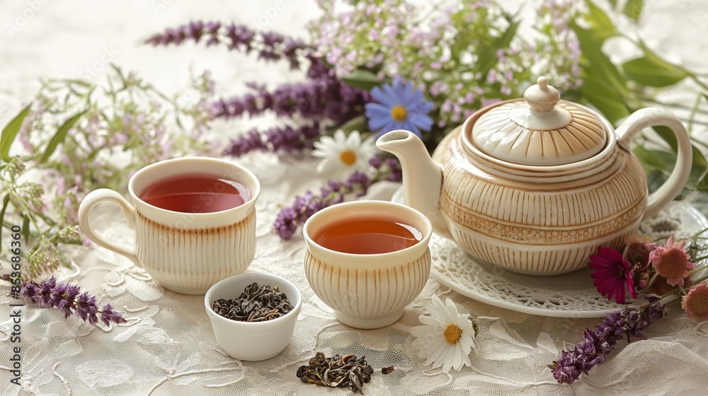 A serene tea time setup featuring a ceramic teapot and cups surrounded by vibrant flowers and loose tea leaves. A serene tea time setup featuring a ceramic teapot and cups surrounded by vibrant flowers and loose tea leaves.