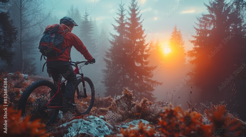 Naklejka premium A cyclist with a red jacket and helmet stands next to a mountain bike watching a sunrise in a foggy forest setting