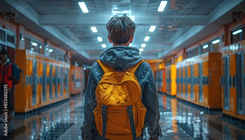 Child Walking Down School Hallway with New Backpack and Lockers on Both Sides in Soft Fluorescent Lighting © DruZhi Art