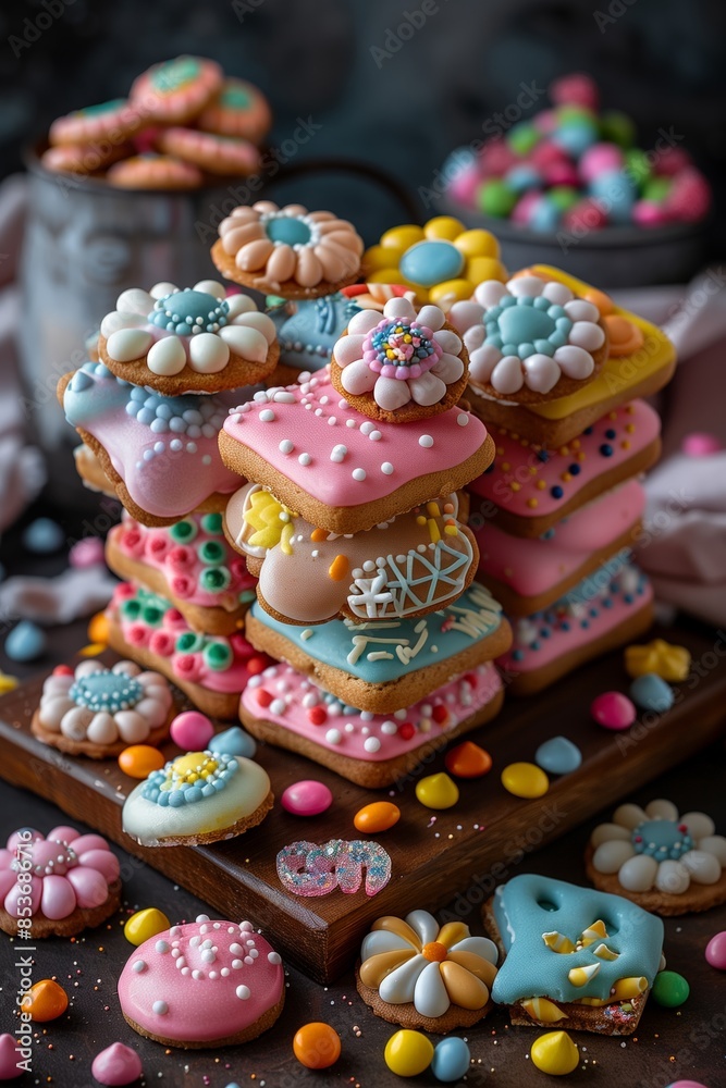 A delightful assortment of colorful cookies, each meticulously decorated and arranged on a wooden tray, ready to be savored.