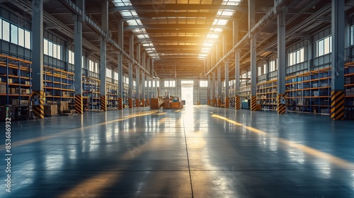 Sunlit Industrial Warehouse with Gleaming Floors and Organized Storage Racks