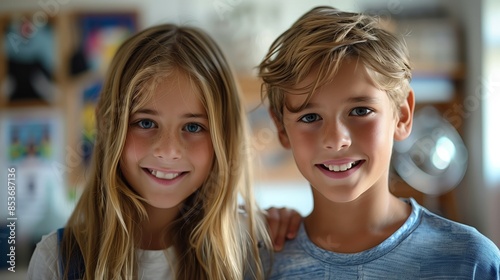 A young boy and girl, both smiling broadly, stand side by side in a room filled with colorful objects. © Amigos.Flipado