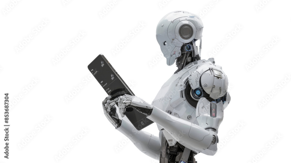 The robot is holding a tablet