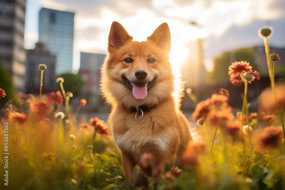 Portrait of a funny finnish spitz isolated on vibrant city park Portrait of a funny finnish spitz isolated on vibrant city park