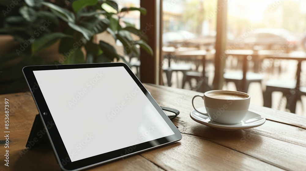 A tablet with a blank screen on a wooden table in a cafe. Generative AI A tablet with a blank screen on a wooden table in a cafe. Generative AI