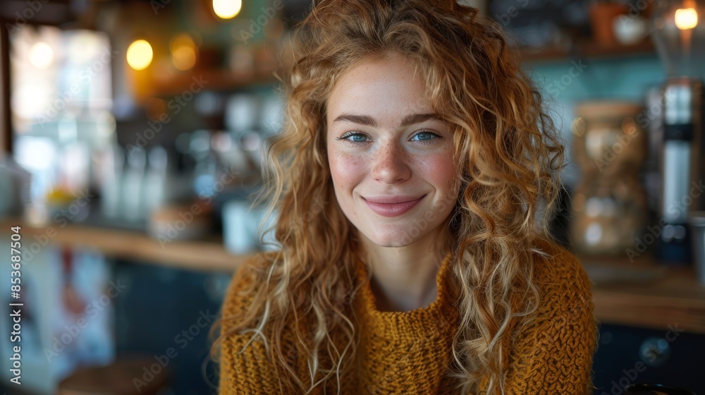 A radiant young woman with curly hair smiles warmly in a cozy cafe setting, her joy is contagious A radiant young woman with curly hair smiles warmly in a cozy cafe setting, her joy is contagious