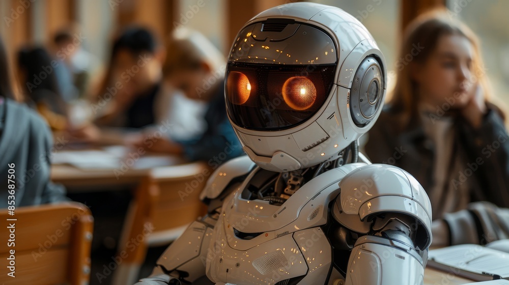 An advanced humanoid robot sits among students in a lecture hall, depicting futuristic education concepts An advanced humanoid robot sits among students in a lecture hall, depicting futuristic education concepts