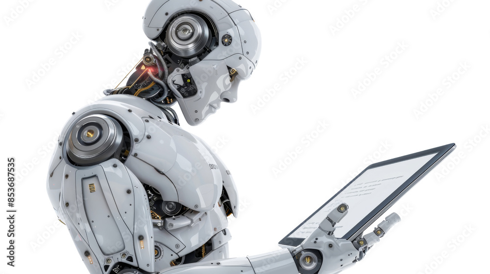 Fototapeta premium The robot is holding a tablet