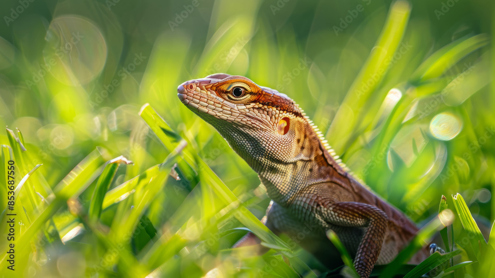 Close-Up of Anole in Lush Greenery
