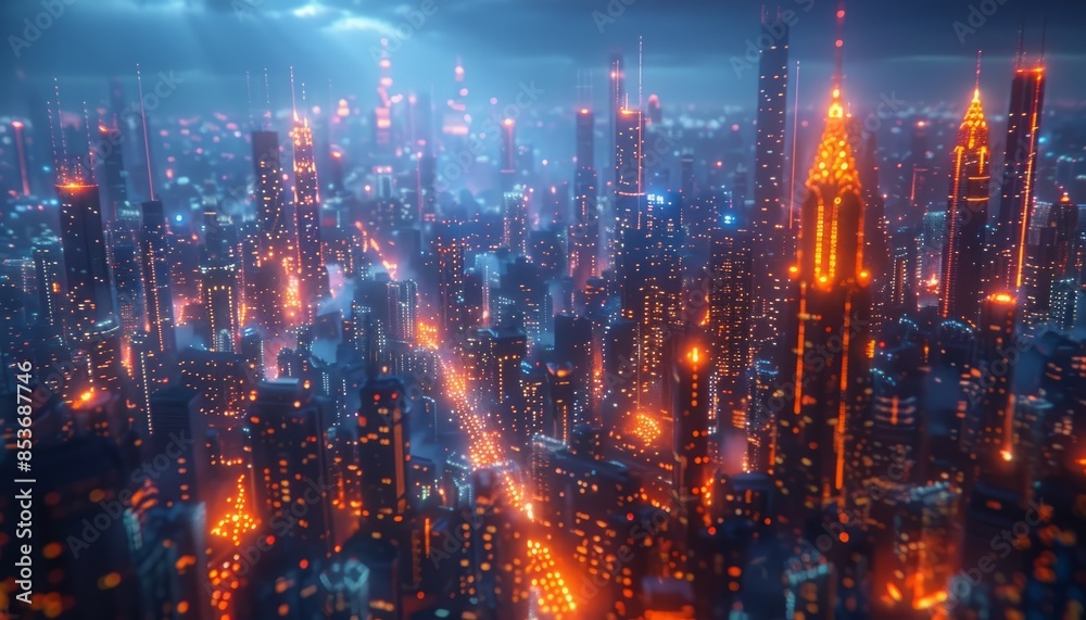 Abstract city grid at night, with illuminated streets and glowing skyscrapers Abstract city grid at night, with illuminated streets and glowing skyscrapers