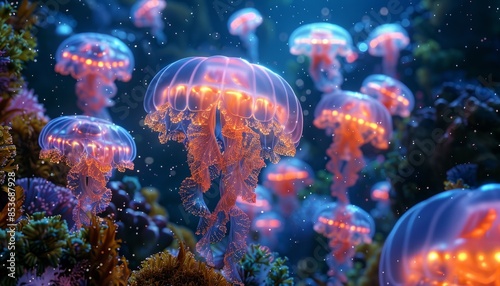 Surreal underwater scene with glowing jellyfish and coral reefs © DruZhi Art
