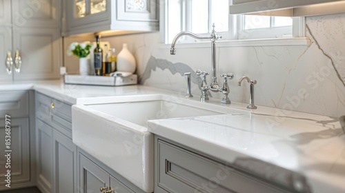 Detail shot of a kitchen sink featuring white marble backsplash and countertop, grey cabinets, and ornamentation