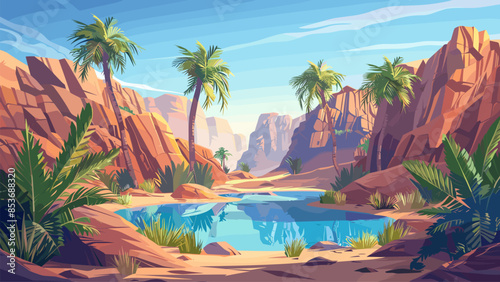 Cartoon green oasis with palm trees and a blue lake in the middle of the desert background. Desert Oasis Tropical Landscape Water Source Sandy Dunes Exotic Plants Serene Scene