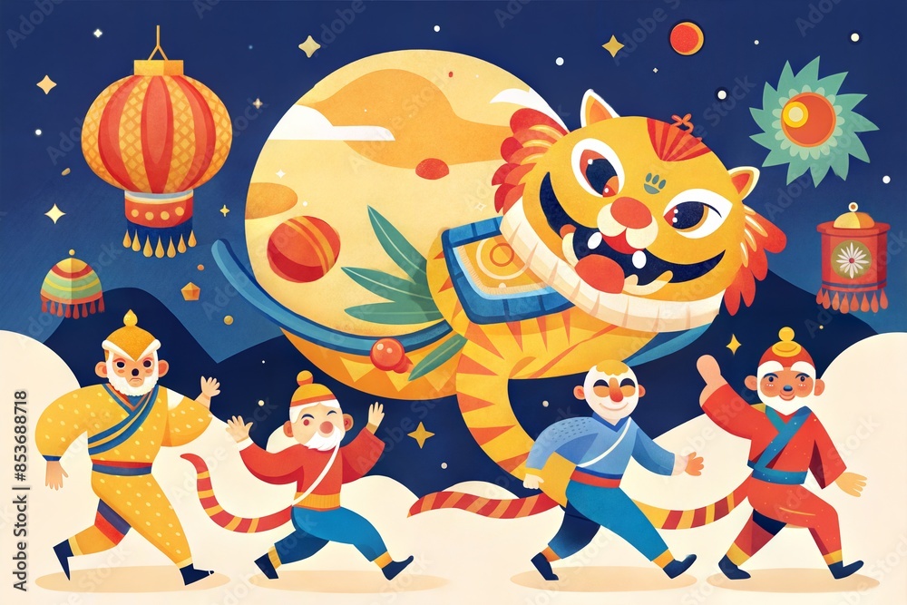 Naklejka premium tiger and lion in chinese traditional chinese costumes and tiger, vector cartoon characters, illustration, happy new year, chinese new year and chinese zodiac symbol