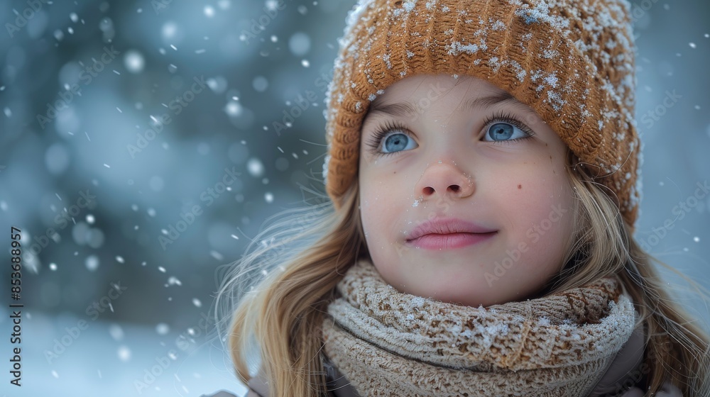 Close-up of a cheerful girl with snowflakes on her face and an orange knitted cap Close-up of a cheerful girl with snowflakes on her face and an orange knitted cap