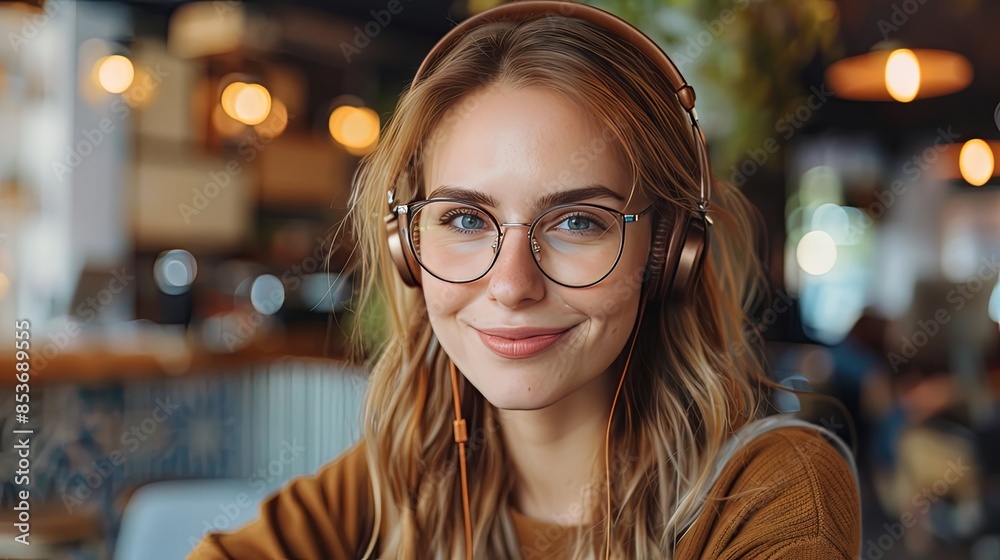 �ustomer service female representation with headphones typing on laptop in a cozy office �ustomer service female representation with headphones typing on laptop in a cozy office