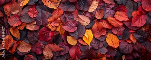 A beautiful pile of colorful autumn leaves arranged artistically in rich, warm tones