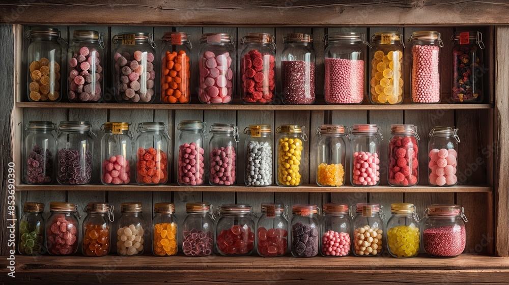 Colorful Candy Jars on Wooden Shelves in Rustic Setting with Soft Lighting Colorful Candy Jars on Wooden Shelves in Rustic Setting with Soft Lighting